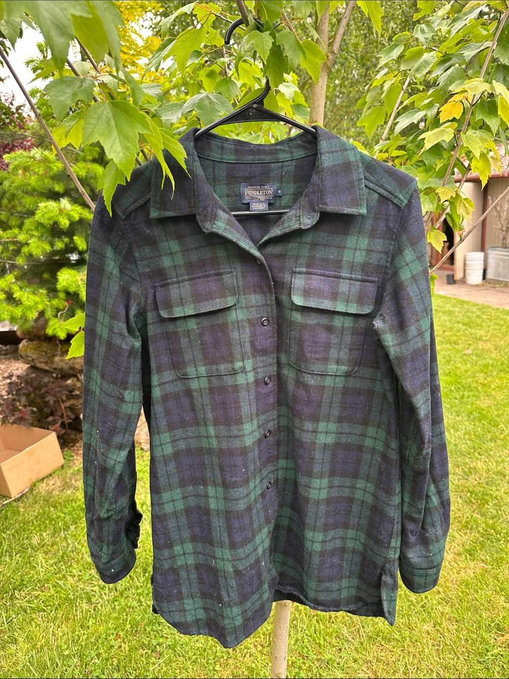 Pendleton Women’s Green, Black, and Navy Blackwatch Plaid Wool Board Shirt
